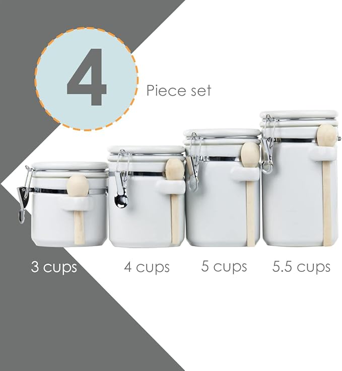 Canister Sets For The Kitchen (4 Piece Set) White, High Gloss Ceramic | By Home Basics | Decorative| With Wooden Spoons, Countertop Set For Flour, Sugar, Coffee, and Snacks
