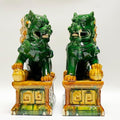 Sancai Ceramic Foo Dogs, Pair of Tang Dynasty Feng Shui Guardian Lions, Handcrafted Statues for Home and Office Decor,Dark Green,9.84 * 15.35in