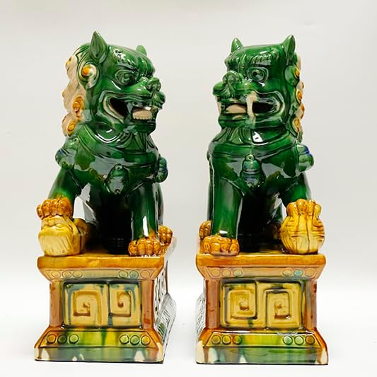 Sancai Ceramic Foo Dogs, Pair of Tang Dynasty Feng Shui Guardian Lions, Handcrafted Statues for Home and Office Decor,Dark Green,9.84 * 15.35in