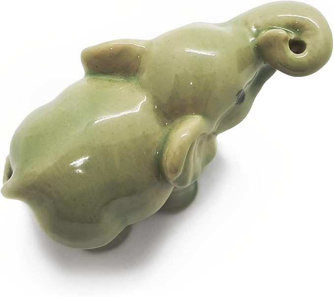 ChangThai Design Tiny 2½" Green Baby Elephant Curling Up Trunk Figurine - Miniature Hand Made Painted Ceramic Asian Elephants Cute Wildlife Animals Porcelain Decorative Collectible Figures Décor Gifts
