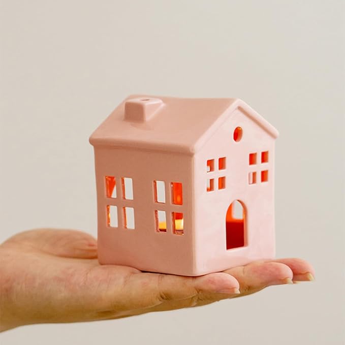 Hollowed Ceramic Village House Tealight Candle Holder for Home Fireplace Mantel Table Centerpiece Winter Holiday Christmas Decorations (Pink)