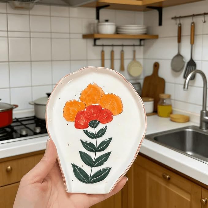 Hand-Painted Floral Ceramic Spoon Rest - Flower-Shaped Stove Top Holder & Jewelry Tray, Multifunctional Kitchen Decor & Unique Gift for Coffee Lovers & Home Chefs