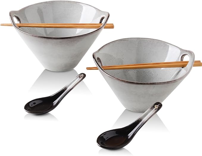 KOOV Porcelain Ramen Bowls and Spoons Set of 2, Japanese Ramen Noodle Bowl with Chopsticks and Spoons, 26 Ounce Deep Pho Bowl, Reactive Glaze (Variable Grey)