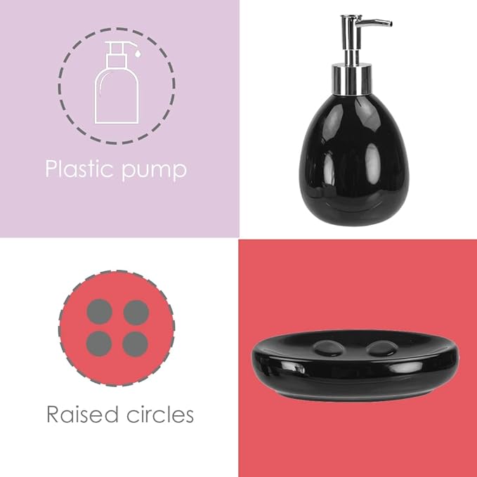 4-Piece Ceramic Bathroom Set (Black), By Home Basics | Contemporary Design Bathroom Accessory Sets | Accessories For Bathroom | Includes Soap Dish, Tumbler, Toothbrush Holder, and Lotion Dispenser