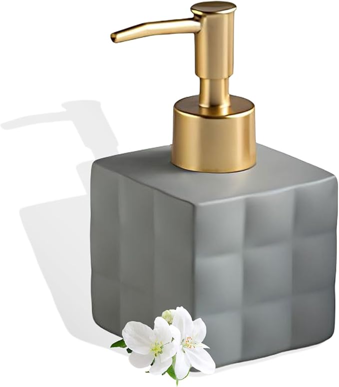 Hand Soap Dispenser Dish Cube Soap Dispenser Countertop 7.44 FL OZ. /220 ML Hand Lotion Pump Bottle Ceramic Lotion Container Liquid Hand Soap Jar Shower Dispenser Kitchen Bathroom Décor (Gray)