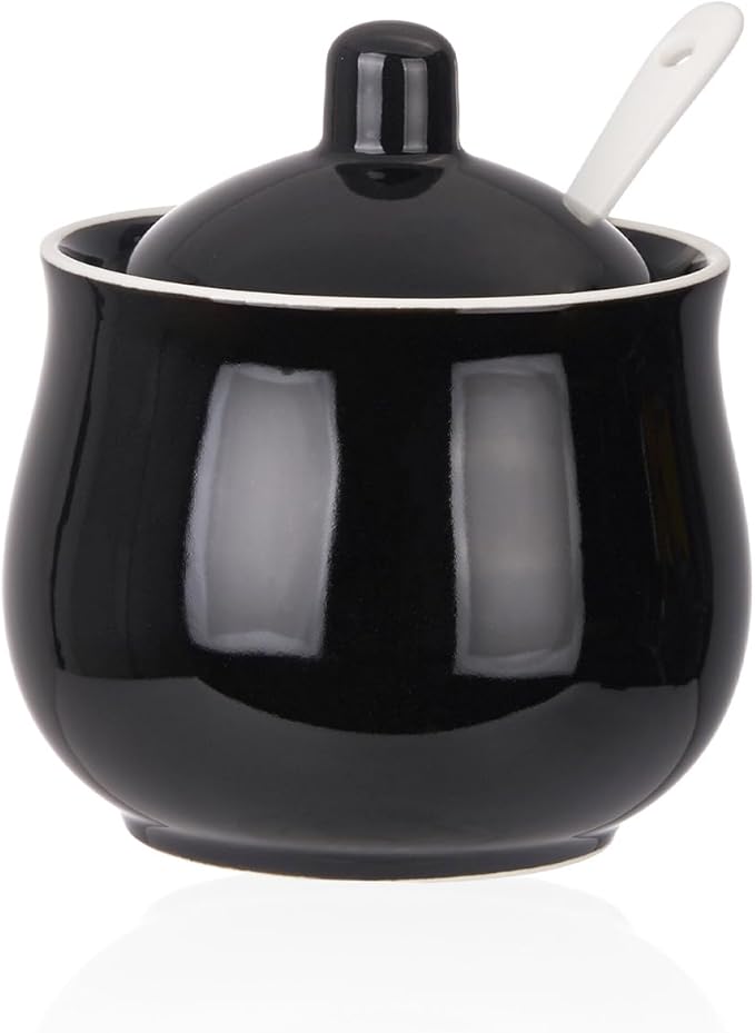 Ceramic Sugar Bowl with Lid and Spoon, Black Porcelain Sugar Salt Pepper Storage Jar, 7 Ounces