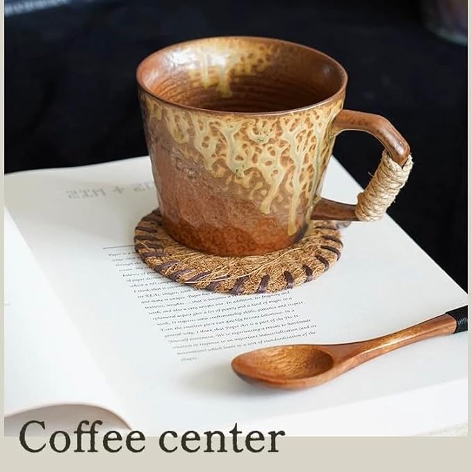 10oz Retro Vintage Japanese Style Handmade Ceramic Tea Cup with Handle, Lead-Free Glaze Artisanal Coffee Mug, Comfortable handle Handmade Pottery Tea Mug for office and home,Brown