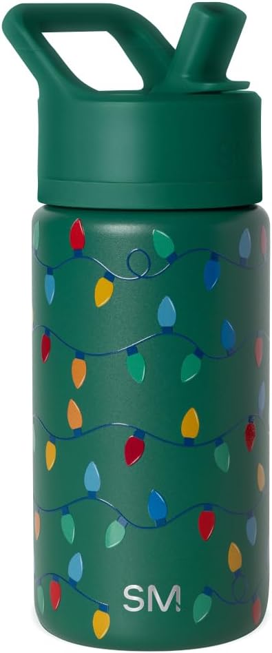 Simple Modern Kids Summit | Christmas Water Bottle with Straw Lid | 14oz Stainless Steel Cup Insulated Tumbler for Toddlers, School | Holiday Gifts for Girls Boys | Vintage Lights on Green