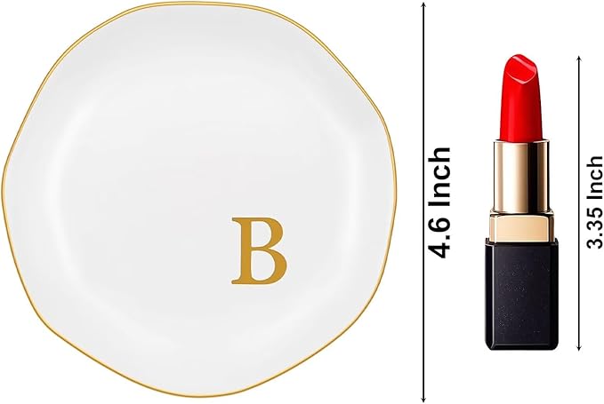 Ceramic Jewelry Tray, Personalized Initial Ring Dish, Elegant Trinket Tray for Rings Earrings Bracelet Necklaces, White Decorative Jewelry Holder for Women Vanity, 4.5 Inch, Letter B