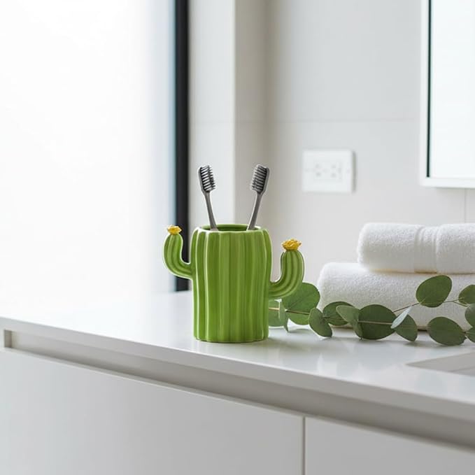 Toothbrush Holders for Bathroom Countertop Organizer Decoration Toothpaste Holder Cute Cactus Shape(Green-01)