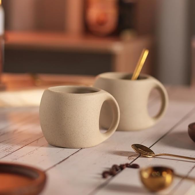 1pcs-Ceramic Coffee Cup Sets (250ML, 7*9.8*7.5cm), Japanese Style Hot Tea Cup, Coarse Earthenware Latte Cup, Includes Cup Saucer and Spoon, Suitable for Home, Restaurant, Tea Party, etc.