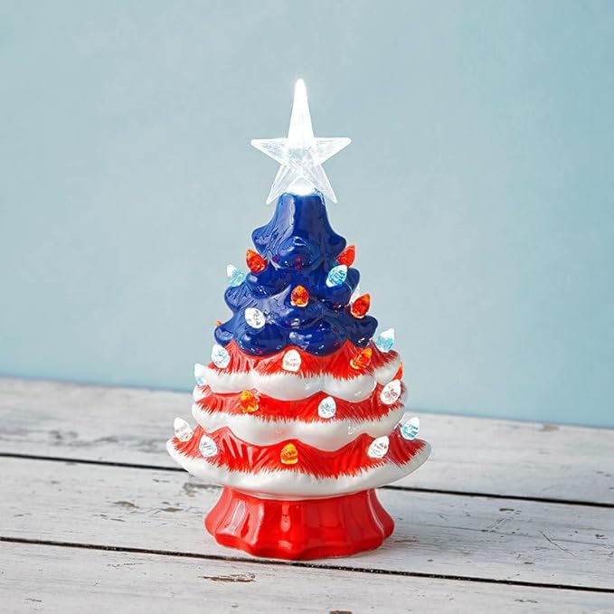 Small Resin Christmas Tree Decor, Tabletop Christmas Tree Star Topper, Holiday Decoration with 40 Multi-Color Lights, Xmas Fall Decorations for Home (Independence)