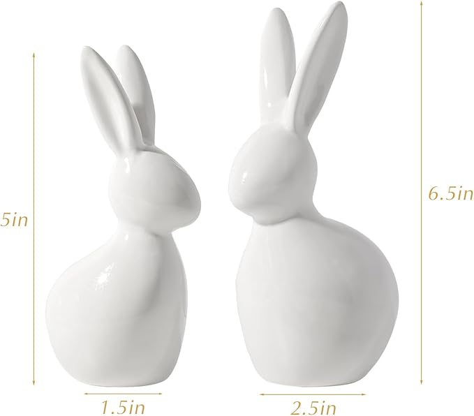 Easter Decorations: Elegant White Ceramic Bunny Figurines Set of 2, Cute Farmhouse Rustic Easter Rabbit Statue Different Size for Spring Easter Holiday Home Office Table Party Decor