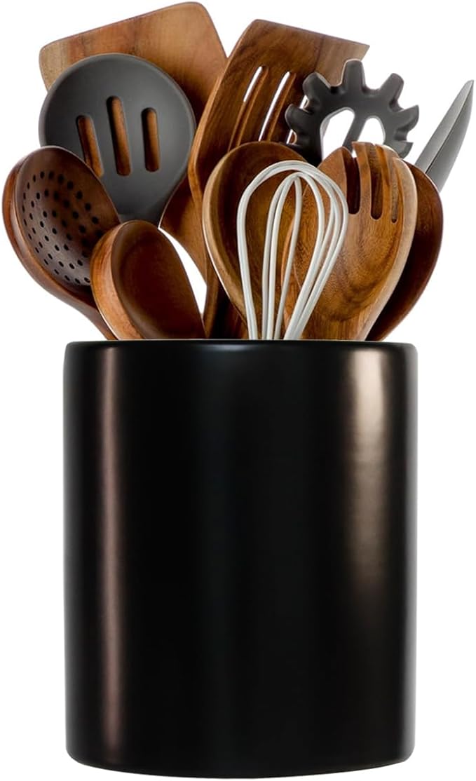 Kitchen Utensil Holder, Large Utensil Holders for Countertop,Ceramic Utensil Crock, Deep and Stable, Cooking Utensil Holder, Embossed Pattern (Black) 6.3''*5.3‘’