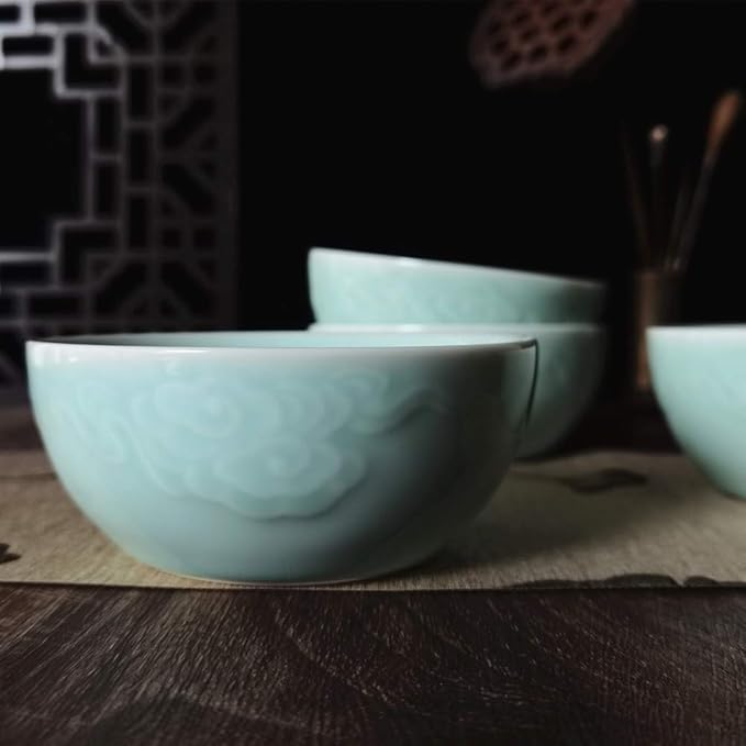 Chinese Rice Bowls 10-Ounce 4.5 inch Celadon Glazed Cereal Bowl Embossed with Auspicious Clouds Porcelain(Set of 4) (Sky Blue)