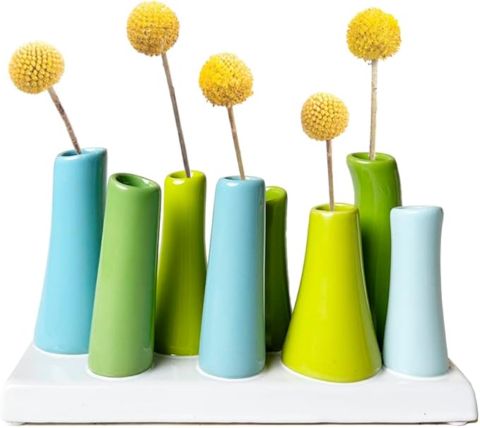 Chive - Pooley 2, Ceramic Flower Vase, 8-Tube Shape (Scout Blue with Blue and Green)