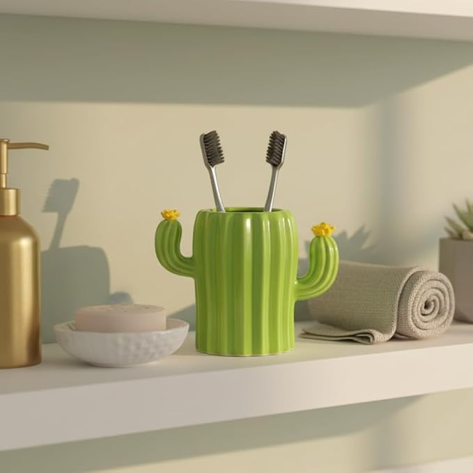 Toothbrush Holders for Bathroom Countertop Organizer Decoration Toothpaste Holder Cute Cactus Shape(Green-01)
