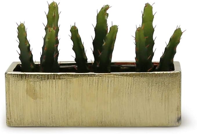 WGVI Long Rectangle Ceramic Planter Vase in Gold Etched 12" x 4" x 4"H, Block Rectangular Terrarium Box Pot, Flower Arrangement, Table top Centerpiece, Home Decor Storage Container, 1 Pc.