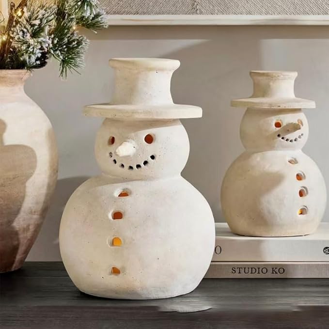 Vintage-Style Ceramic Snowman Christmas Decorations, White Resin Holiday Decor, Tabletop Accent (15cm)