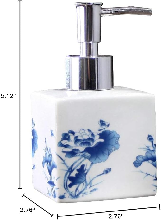 Lotion Soap Dispenser,Ceramic Lotion Soap Dispenser with Pump for Bathroom and Kitchen Office, Vintage Blue and White Porcelain Floral Decorative Liquid Bottle