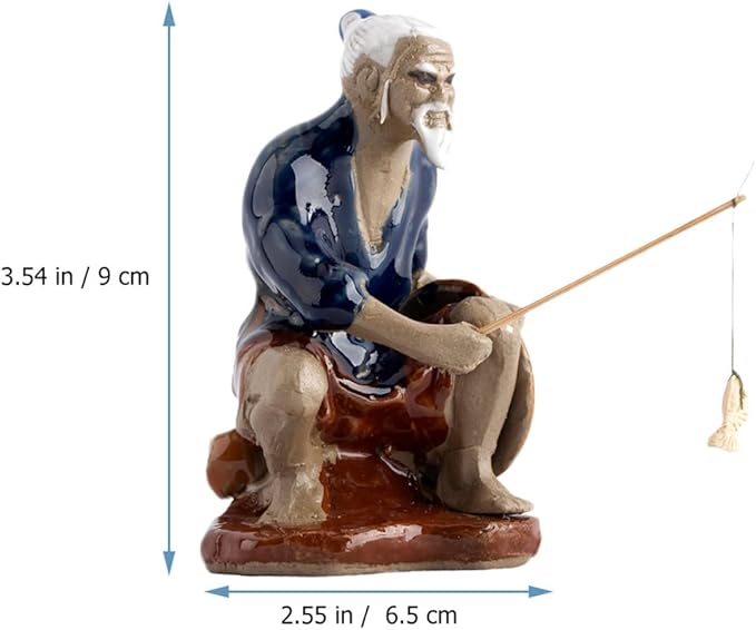 Homoyoyo Ceramic Fisherman Figurine Set 2pcs, 4-inch Bonsai Ornament for Fish Tank Decor, Aquarium Desktop Collectible Statue, Asian Fishing Man Sculpture for Home Garden