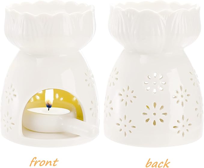 Lyellfe 3 Pack Ceramic Tealight Candle Holder, Essential Oil Burner with Spoon, White Carved Wax Warmer Aroma Diffuser Furnace for Birthday Valentines Home Decor