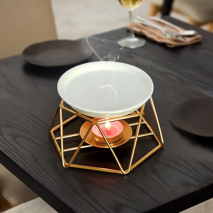 SXCHEN Tealight Oil Burner Ceramic Essential Oil Burner Tealight Candle Holder Aroma Scented Candle Oil Diffuser Glod Metal Tea Light Wax Melt Warmer Furnace Home Decoration