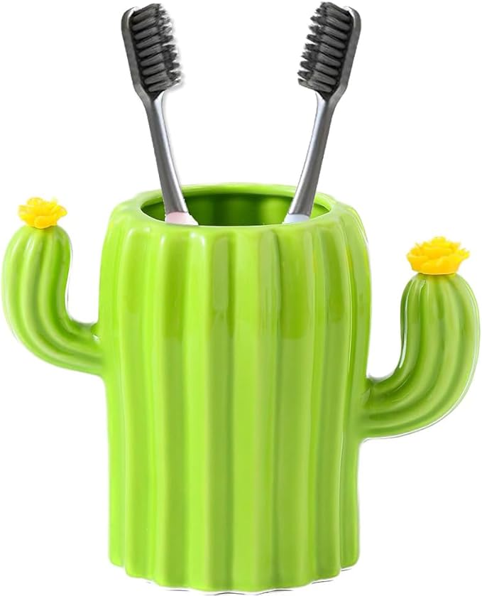 Toothbrush Holders for Bathroom Countertop Organizer Decoration Toothpaste Holder Cute Cactus Shape(Green-01)