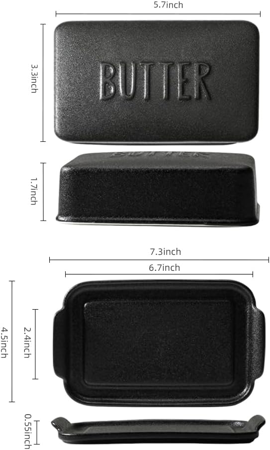 Porcelain Covered Butter Dish with Lid for Countertop Butter Holder Container for One Stick of Butter. Textured Tray Butter Keeper for Non Slip Storage-BLACK SMALL