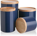 Sweejar Kitchen Canisters Ceramic Food Storage Jar Set, Stackable Containers with Airtight Seal Wooden Lid for Serving Ground Coffee, Tea, Herbs, Grains, Sugar, Salt - Set of 4 (Navy)