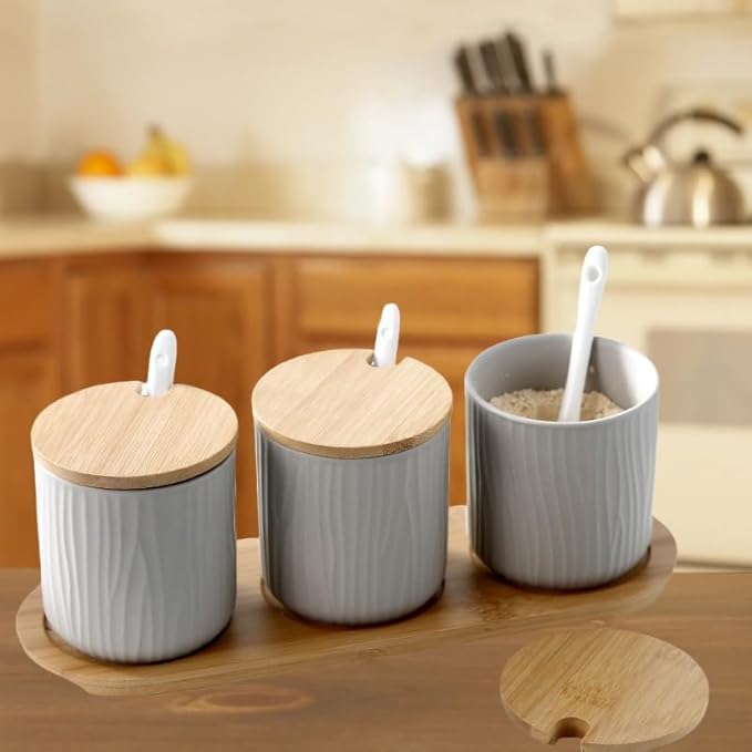 300ml Ceramic Sugar Bowl with Lid and Spoon,Grey Porcelain Salt Bowl Salt Container Bowl,Ceramic Spice Jar Seasoning Box Condiment Pot Honey Jar for Home Kitchen Coffee Bar