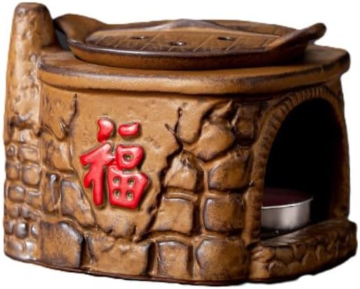 Traditional Chinese Ceramic Incense Burner and Tea Warmer, Brown Stone-Like Finish, 3.94x3.15x3.35 Inches, Multi-Purpose Design with Tea Roasting and Aromatherapy Functions (Stove Style)