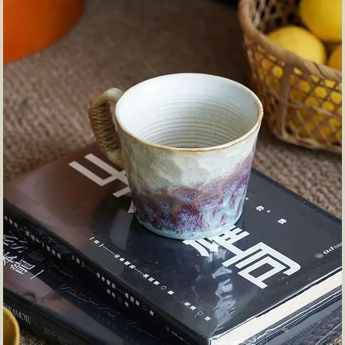 10oz Retro Vintage Japanese Style Handmade Ceramic Tea Cup with Handle, Lead-Free Reactive Glaze Artisanal Coffee Mug, Comfortable handle Handmade Pottery Tea Mug for office and home