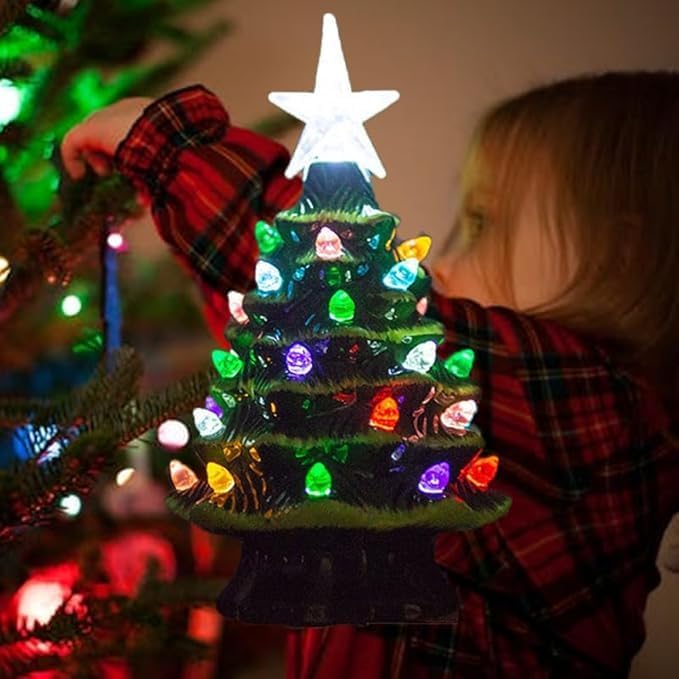 Small Resin Christmas Tree Decor, Tabletop Christmas Tree Star Topper, Holiday Decoration with 40 Multi-Color Lights, Xmas Fall Decorations for Home (Green-White)