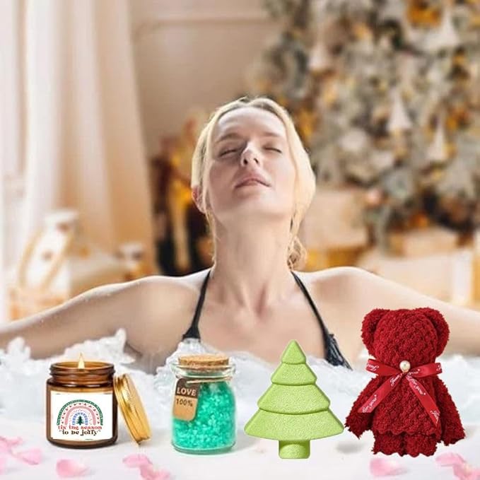 Holiday Ceramics 8-Piece Christmas Gift Set with Enamel Mug, Fuzzy Socks, Scented Candles, Plush Bear, Decorative Tree, Red and White Holiday Relaxation Collection