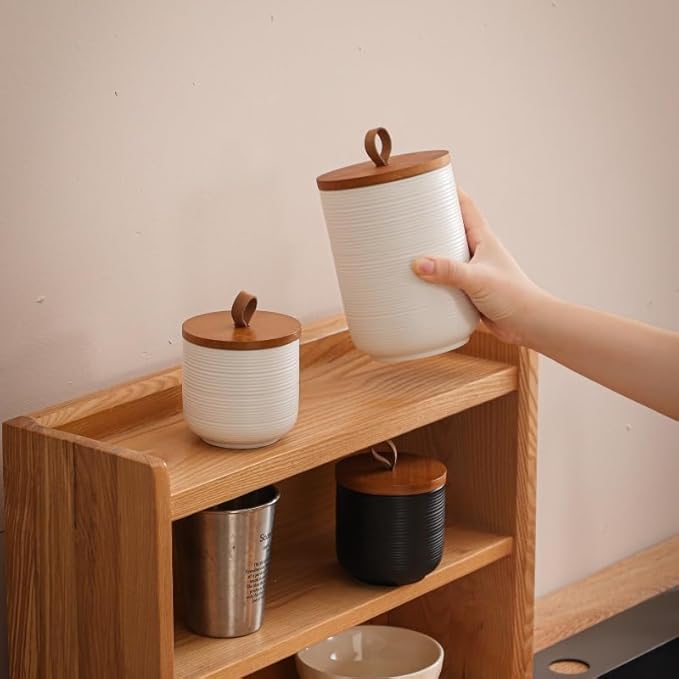 Food Storage Jar Strong Ceramic Storage Canisters with Airtight Wooden Lid,Kitchen Storage Containers for Serving Coffee Beans, Tea, Sugar, Salt, Spices (Little white 9 oz)