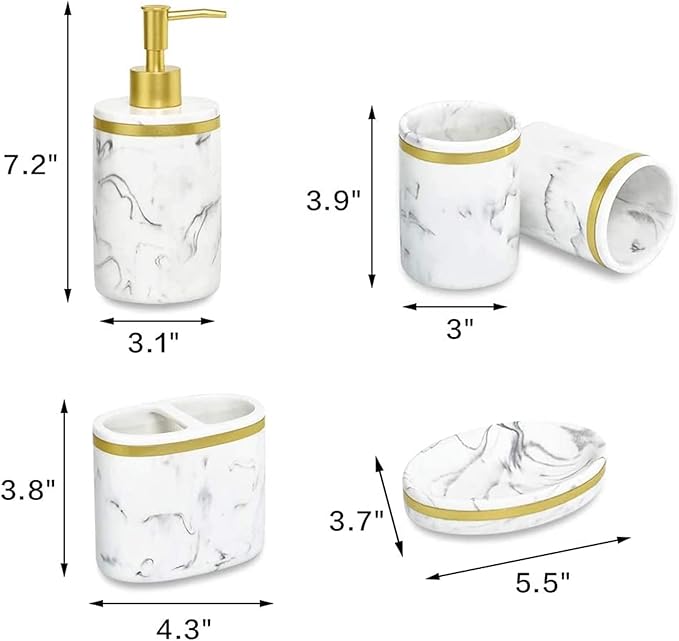 5-Piece Bathroom Counter Top Accessory Set - Dispenser for Liquid Soap or Lotion, Soap Dish, 2 Tumblers and Toothbrush Holder, Marble Pattern Resin (Classic White)