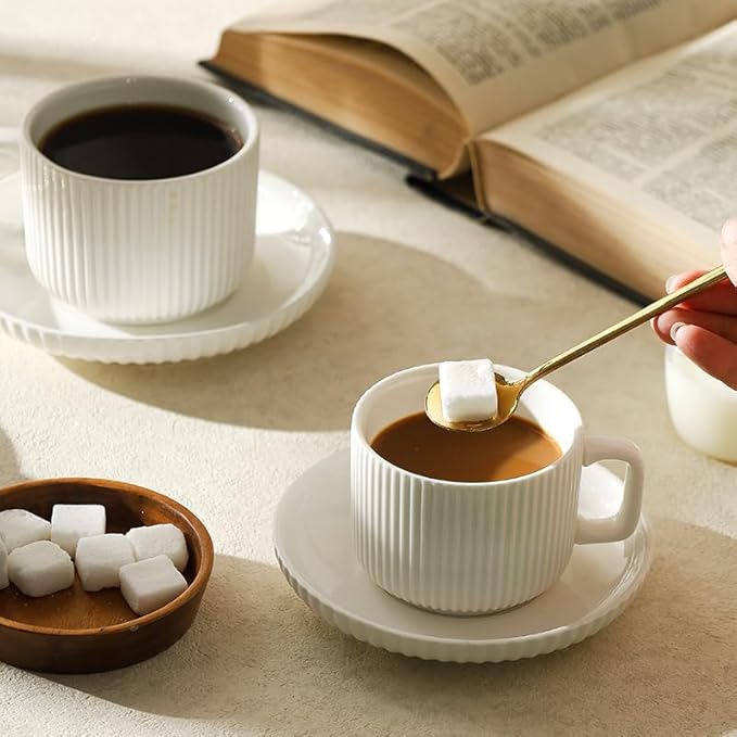 5 Ounce Espresso Cups Set of 4, Small Coffee Cups with Saucers and Spoons, White Cream Ceramic Demitasse Espresso Mugs