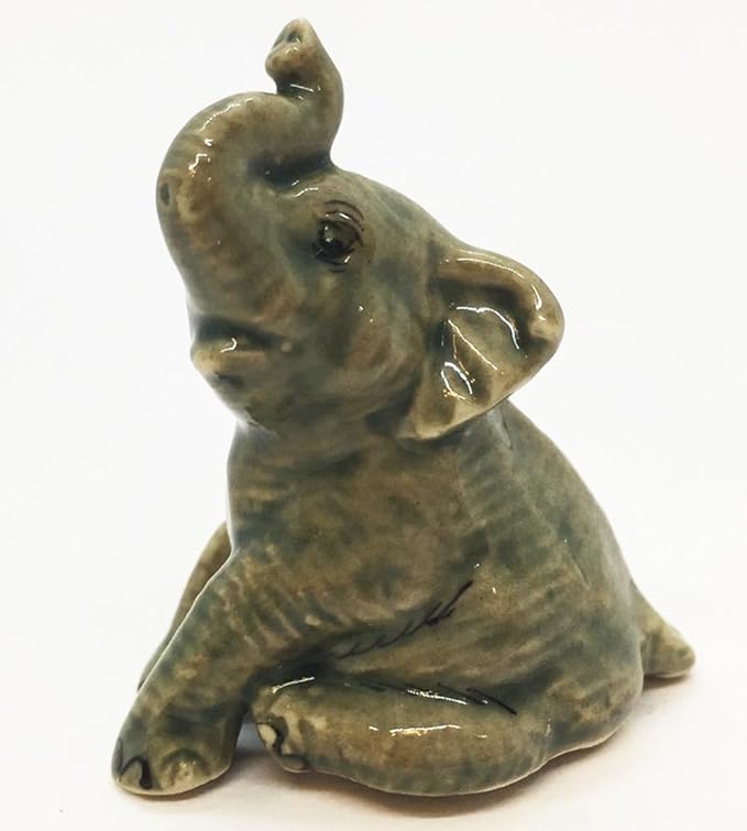 ChangThai Design Tiny 1⅜" Gray Baby Elephant Sitting Look Up Figurine - Miniature Hand Made Painted Ceramic Asian Elephants Cute Wildlife Animals Porcelain Decorative Collectible Figures Décor Gifts