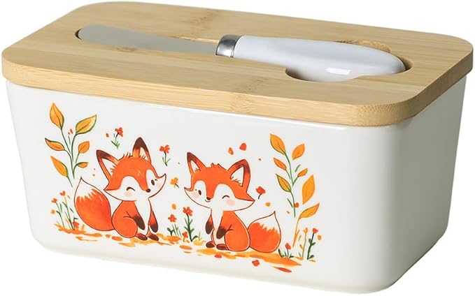 WAIT FLY Fox Ceramic Butter Dish with Bamboo Lid and Knife, 2 Sticks Butter Dish Butter Container Keeper for Kitchen Countertop, Home Decorative-Fox