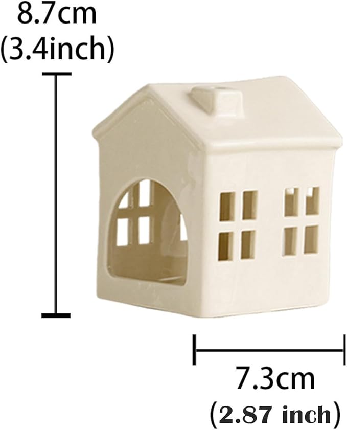 Hollowed Ceramic Village House Tealight Candle Holder for Home Fireplace Mantel Table Centerpiece Winter Holiday Christmas Decorations (White)