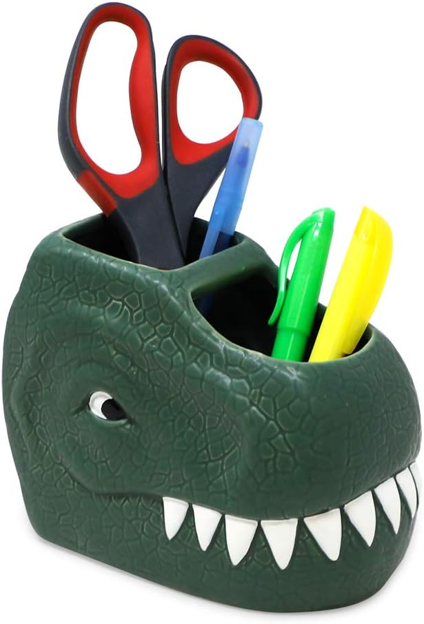 Isaac Jacobs Green Ceramic Dinosaur Dual Compartment Toothbrush Holder, Multi-Purpose Organizer, for Toiletries, Bathroom, Kitchen, Crafts, Desk, Novelty Bathroom Accessory (2-Section Cup, Green)