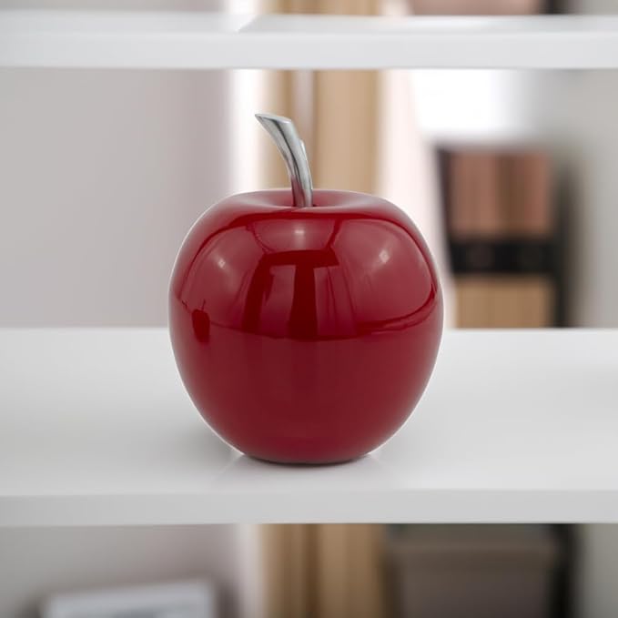 Modern Day Accents 3462 Manzano Red Apple, Fruit Decor, Teacher Gifts, School, Apple Office Desk Home with Silver Stem, Sculpture, Aluminum, 6" Lx6 Wx8 H