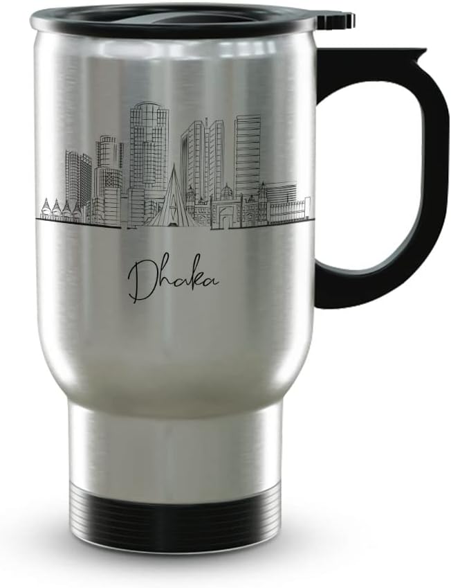 Jakarta Skyline Steel Mug, Asia Skyline 14oz Travel Mug with Handle & Lid Custom Travel Tumblers, Gift For Birthday, Spill Resistant Tumblers for Women, Personalized Tumbler