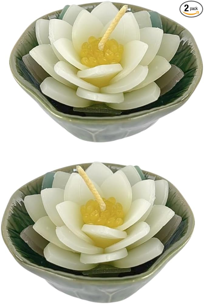 Set of 2 Lotus Flower Candle in Ceramic Bowl 3" – Handmade Floating Lotus Tealight for Spa, Meditation, Home Decor, Relaxation, Gift