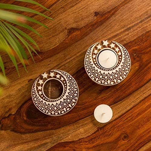 Western Eiderdown Presents Hand-Carved Blocks Tea-Light Holders (Set of 2, Sheesham Wood) - Decorative Tea Light Candle Holder for Home Décor Votive Tea Light Holder T Lite #Aport-198