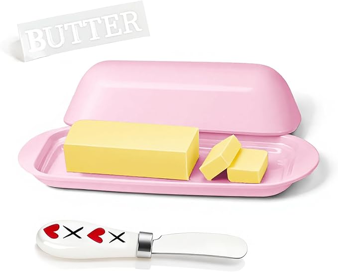 BPA-Free Melamine Butter Dish with Lid & Stainless Steel Knife - Farmhouse Butter Keeper for Countertop & Refrigerator, Dishwasher Safe, Holds 1 Stick with East & West Coast Butter-Pink