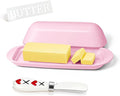 BPA-Free Melamine Butter Dish with Lid & Stainless Steel Knife - Farmhouse Butter Keeper for Countertop & Refrigerator, Dishwasher Safe, Holds 1 Stick with East & West Coast Butter-Pink