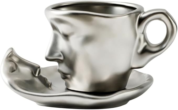 Abstract art teacup kissing lover stereo face sculpture coffee cup, 260ml ceramic coffee cup saucer(8.8oz)