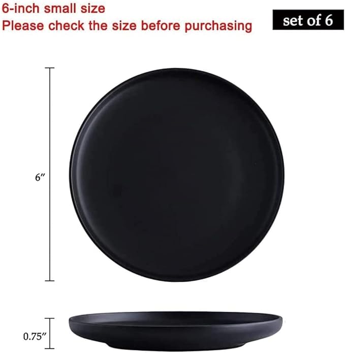 BonNoces 6 Inches Small Appetizer Plates Matte Porcelain, Elegant Mini Size Round Serving Plates for Dessert, Salad, Snacks, Set of 6 (Black)